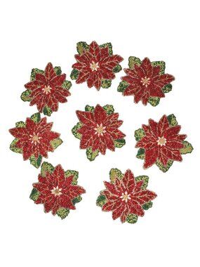 Pier 1 Imports Set of 8  Beaded Poinsettia Christmas Coasters Red Green Holiday